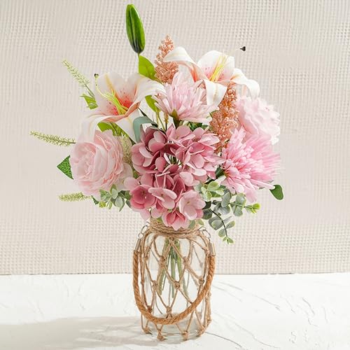 Fake Flowers with Vase –Hydrangea & Lily Artificial Floral Arrangement | Perfect for Mother’s Day & Spring Gifts, Tabletop Centerpiece for Coffee Table, Dining Room & Farmhouse Home Decor - color: Dark Pink