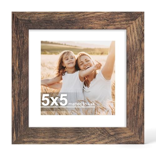 Hongkee 5x5 Picture Frame with Real Glass Wood Frame, 1 Pack (with Mat 4x4) | Rustic Brown, Display 5 x 5 No Mat for Wall and Tabletop for Photos, Artwork; Fits Home, Office & Gallery Wall Decor - color: Rustic Brown, size: 5X5 in