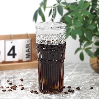 Bandesun All Glass Iced Coffee Cup With Lids and Straws，24 OZ High Borosilicate Glass Tumbler for Water Smoothie Juice Drinks - color: Clear