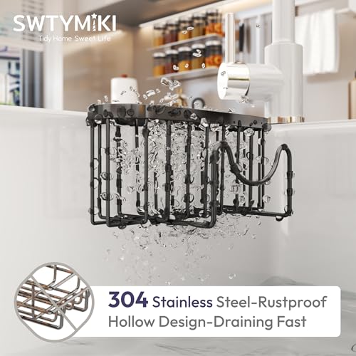 SWTYMIKI Sponge Holder for Kitchen Sink - Movable Kitchen Sink Caddy with M Shape Hook, Stainless Steel Hanging Sponges Caddy Organizer in Double Bowl Sinks Depth>3.15in, Middle Divider<1.5in, Black - color: Black-regular