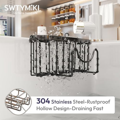 SWTYMIKI Sponge Holder for Kitchen Sink - Movable Kitchen Sink Caddy with M Shape Hook, Stainless Steel Hanging Sponges Caddy Organizer in Double Bowl Sinks Depth>3.15in, Middle Divider<1.5in, Black - color: Black-regular