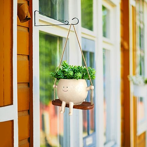 Swing Face Planter Pot Hanging Resin Flower Head Planters for Indoor Outdoor Plants Succulent Pots for String of Pearls Plant Live Gift Ideas for Mother, Christmas