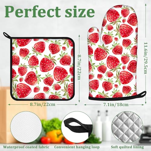 Watercolor Strawberry Oven Mitts and Pot Holders Set 4 Pcs Extra Long Heat Resistant Gloves Potholder for Baking, BBQ, Grilling - color: Watercolor Strawberry