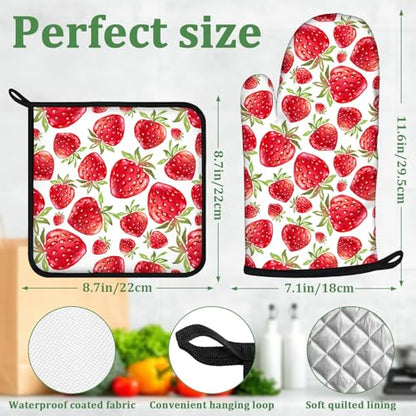 Watercolor Strawberry Oven Mitts and Pot Holders Set 4 Pcs Extra Long Heat Resistant Gloves Potholder for Baking, BBQ, Grilling - color: Watercolor Strawberry
