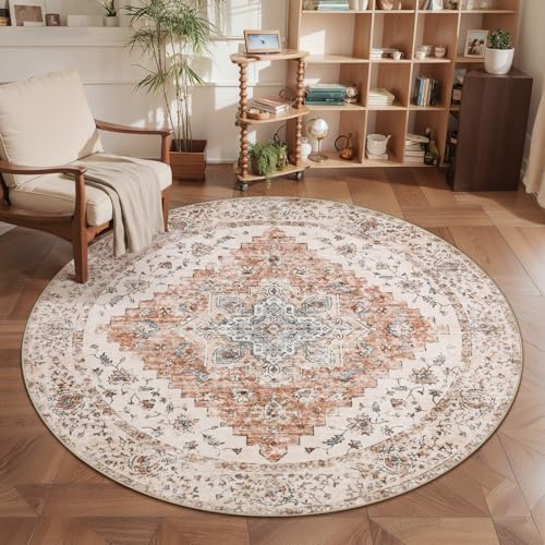 Ciicool 5ft Round Boho Area Rug,Washable Circle Throw Rugs for Entryway | Vintage Non-Slip Indoor Oriental Low-Pile Carpet Soft Pet Friendly Mat for Living Room Dining Room Kitchen Bedroom - color: Vintage Cream/Brick, size: 5' (Round)