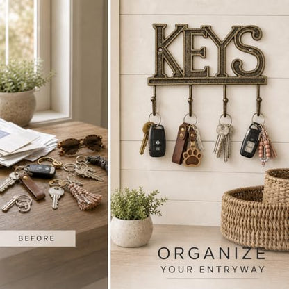 Comfify Gold-Black Cast Iron Key Holder for Wall – Keys Sign with 4 Hooks | Warm gold with black antique finish; mounting hardware included; entryway, hallway or door; 6"H x 8"L; holds 8 keychains - color: Gold with Black