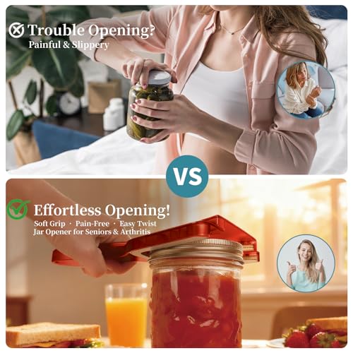 Jar Opener for Weak Hands & Seniors with Arthritis, Easy Twist-Off Lid & Bottle Opener, Ergonomic Handle with Stainless Steel Teeth, Practical Kitchen Gift for Elderly, Women & Men (0.2–5.3 in, Red) - color: Red