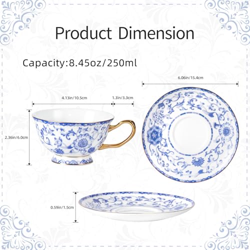 KAMMAK Tea Cups and Saucers Set of 2, Porcelain Coffee Cups, JBE023 | Stackable Espresso Mugs, Ceramic Demitasse for Coffee, Cappuccino, Latte, Americano, Tea - size: 8CZJBE023