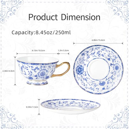 KAMMAK Tea Cups and Saucers Set of 2, Porcelain Coffee Cups, JBE023 | Stackable Espresso Mugs, Ceramic Demitasse for Coffee, Cappuccino, Latte, Americano, Tea - size: 8CZJBE023