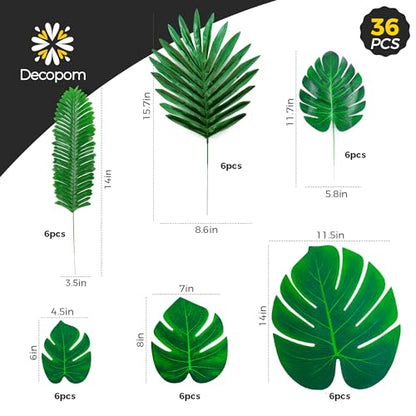 Palm Leaves Artificial Tropical Monstera 36Pack 6 Kinds Large Small Green Fake Palm Leaf with Stems - style: 36 Pack