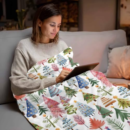 Christmas Tree Throw Blanket, Abstract Pink Blue Green Tree Super Soft Warm Flannel Blankets for Bed Couch Sofa Cute Graffiti Xmas Winter Lightweight Fluffy Plush Bed Throws 50x60 Inch - color: Pink Blue Gray, size: 50''x60''