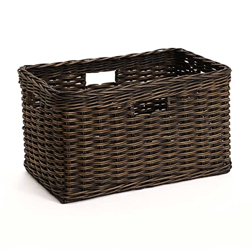 The Basket Lady Tall Rectangular Wicker Storage Basket, M, Walnut Brown | Outside: 20" L x 13" W x 11" H | Inside: 18"L x11"W x 10"H - Handcrafted by artisans from natural rattan - color: Antique Walnut Brown, size: Medium