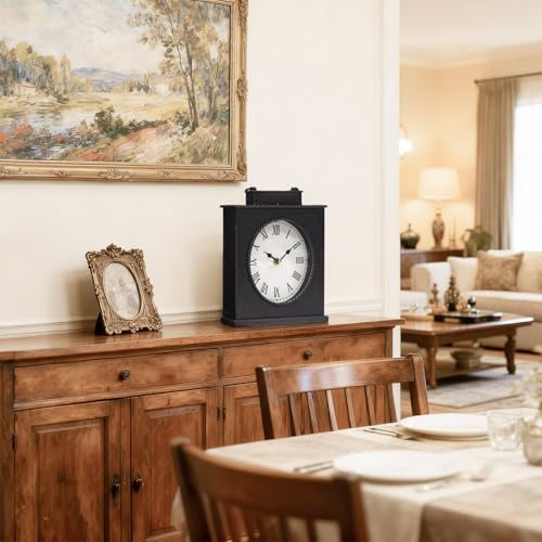 Vintage Mantel Clock, Large Rustic Distressed Metal Table Clock with Handle, Silent Non-Ticking Quartz Movement, Antique Brown Fireplace Shelf Desk Clock for Living Room Bedroom Office - style: Mantel Clock