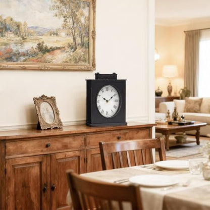 Vintage Mantel Clock, Large Rustic Distressed Metal Table Clock with Handle, Silent Non-Ticking Quartz Movement, Antique Brown Fireplace Shelf Desk Clock for Living Room Bedroom Office - style: Mantel Clock