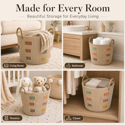 Natural Seagrass Storage Baskets Set of 3 with Handles, Handwoven Decorative Nesting Bins for Blankets, Towels, Toys, Closet, Living Room