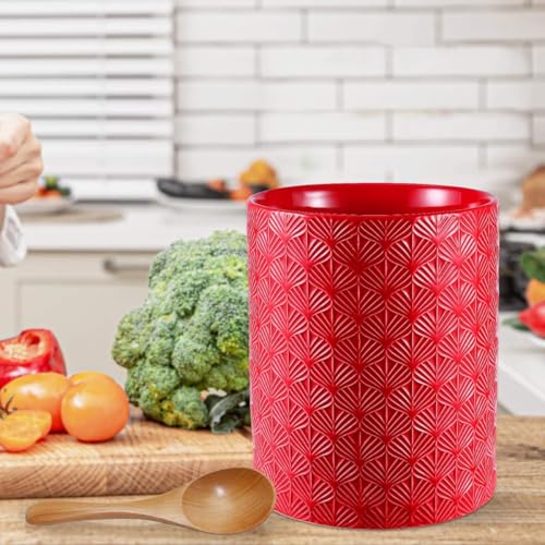 Ceramic Utensils Holder，Extra Large Stable Ceramic Cooking Tool Organizer Set for Kitchen，For Countertop ,Red - color: Red