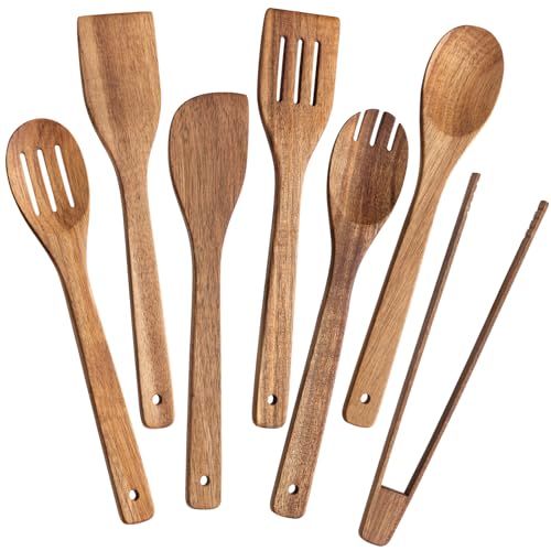 Eisinly Wooden Spoons for Cooking 7-Piece, Kitchen Nonstick Wood Cooking Utensils Set, Durability Wooden Spatula Spoon for Everyday Use, Brown - color: Brown-Wood, style: Square-edge