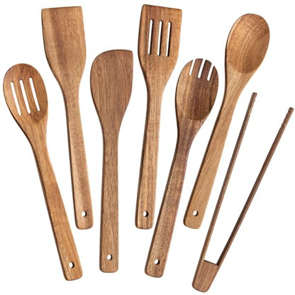 Eisinly Wooden Spoons for Cooking 7-Piece, Kitchen Nonstick Wood Cooking Utensils Set, Durability Wooden Spatula Spoon for Everyday Use, Brown - color: Brown-Wood, style: Square-edge