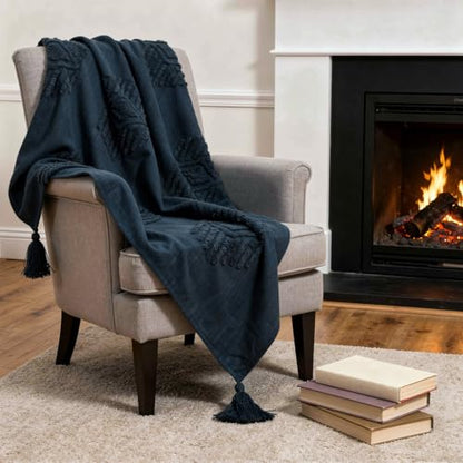HomeRoots 50" X 60" Blue Cotton Woven Ikat Throw Blanket with Tassels