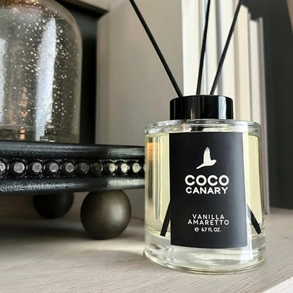 Coco Canary Reed Diffuser for Home, Warm Vanilla Amaretto, 6.7 oz | Vanilla reed diffuser; Long-lasting scent; Cozy home scent, Flameless luxury decor