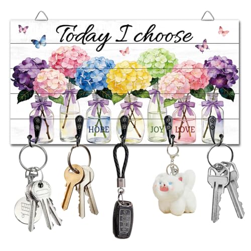 Hydrangea Key Holder Key Hooks Organizer Hanger Rack Wall Mounted Wooden Key Rack with 5 Key Hooks for Home Entryway Front Door Kitchen Hallway Bedroom Wall Decorative Key Storage - color: Hydrangea