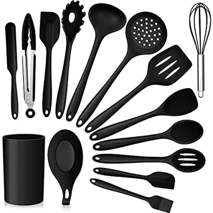 Kitchen Utensils Set, E-far 15-Piece Silicone Cooking Utensils with Holder, Non-stick Cookware Friendly & Heat Resistant, Includes Ladle Spatula Spoon Slotted Turner for Cooking & Baking (Black) - color: Black