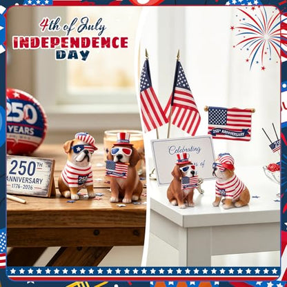 Wesiti 2 Pcs 250th Anniversary Puppy Dog Figurines Decor, 4th of July | Patriotic Stars Stripes Flag Dog Resin Statue, Red White and Blue Decorations, Home Garden Kitchen Office Table - style: Dog