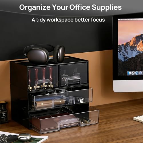 Vtopmart Black Stackable Storage Drawers, 2 Pack Wide Organizers | Pull-Out Drawers, Stackable Design for Makeup Palettes, Cosmetics, Beauty Supplies, Vanity, Cabinet and Desk - style: 2pack Wide Black