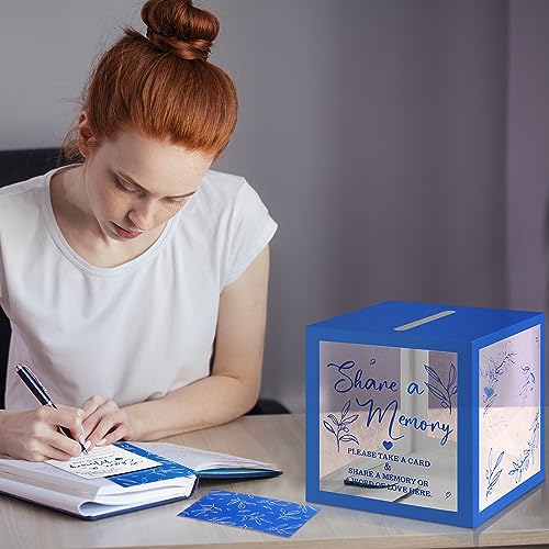 Pajean Funeral Memory Box with 50 Cards Clear Windows,Clear,Dark Blue | Keepsake Cards for Celebration Wedding Graduation, Greenery Design, Guest Book Alternative, Memory Collection Display - color: Dark Blue