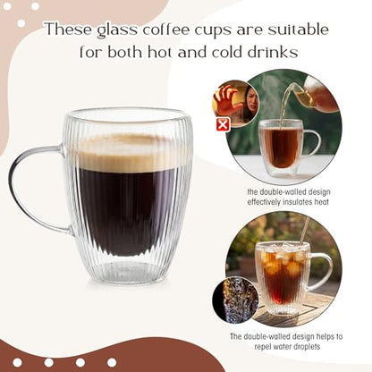 Zhehao 6 Pack Double Wall Glass Coffee Mugs with Handle 12 oz Clear Coffee Cups with Handle Insulated Glass Espresso Mugs Tea Cups for Latte Cappuccino Hot Chocolate