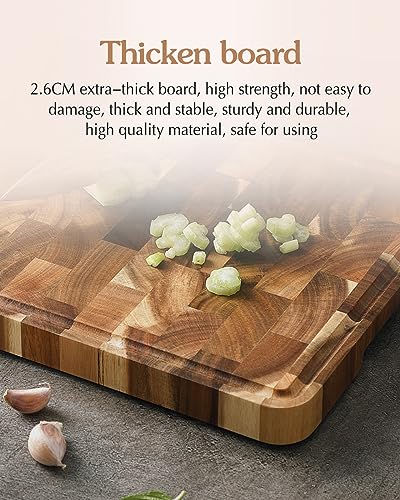 XINZUO Acacia Wood End Grain Cutting Board (13.8''L x 9.8''W x 1''T)-Wooden Chopping Board with Non-Slip Feet, Side Handles and Juice Groove - size: 13.8"L x 9.8"W