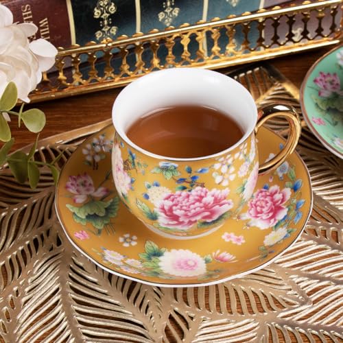 KAMMAK Tea Cup and Saucer, Ceramic Coffee Cups, 7.1 oz, Set of 2 | Porcelain Tea Cups with Saucers for Coffee and Cappuccino, Ideal for Breakfast, Afternoon Tea and Entertaining,942+944N - style: 942N+944N