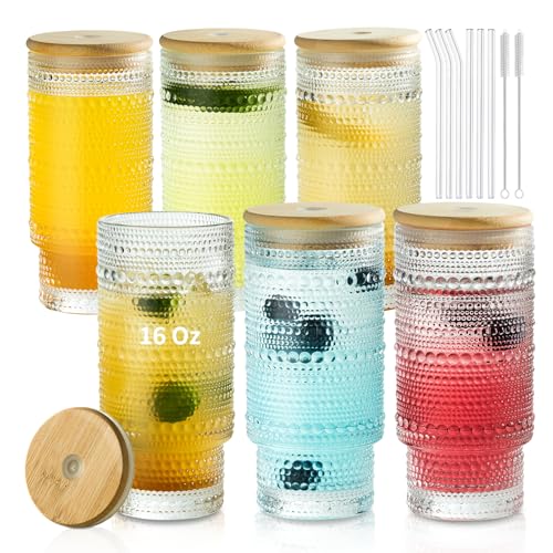 KEMORELA Set of 6 Hobnail Drinking Glasses with Cool Glassware Lid and Straw, 16oz XL Highball Bubble Cocktail, Old Fashioned Beverage Glasses, Romantic Water Glasses for Juice - color: 6PCS-16 Oz With Lid