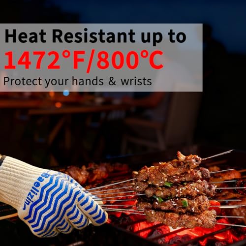 BBQ Grill Gloves, Extreme Heat Resistant Oven Gloves, Silicone Non-Slip Oven Mitts with Fingers, for Barbecue,Grilling, Cooking, Baking-1 Pair(Blue)
