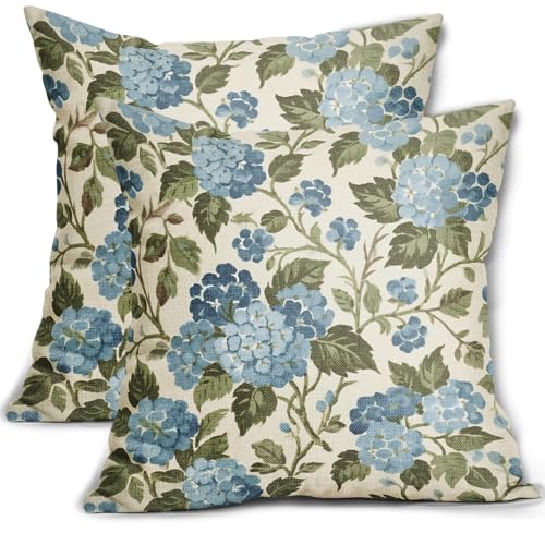Blue Hydrangea Pillow Covers 16x16 Inch Set of 2 Vintage Farmhouse Floral Spring Summer Decorative Throw Pillowcases Seasonal Rustic Outdoor Cushion Cases Decor for Sofa Couch Bed - color: Blue Oilve Green-hydrangea, size: 16" x 16" (Pack of 2)