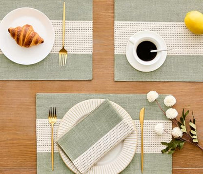 Wracra Linen Placemats, 12 x 18 Inch Set of 4 Placemats, Farmhouse Macrame Place Mats for Kitchen Table and Heat Resistant-Hemstitch Sage Green 4PCS - color: Sage Green, size: 12×18 Inch (Set of 4)