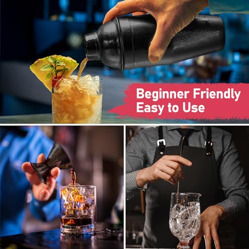 24oz Cocktail Shaker Set Martini Shaker Set Bartender Set | Professional 18/8 Stainless Steel Bar Tools with Margarita Mixer Drink Shaker, Measuring Jigger and Mixing Spoon (Black) - color: Black