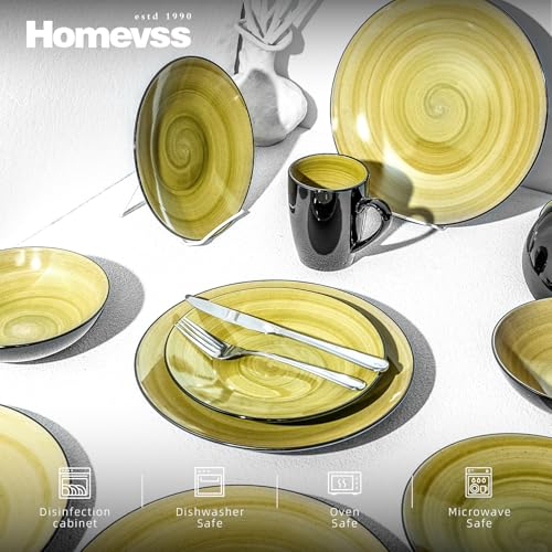 HomeVss Sonoma 16 Piece Stoneware Dinner Set, Outside Black + Inside Handpainted Color Green with Black speckle - color: Green