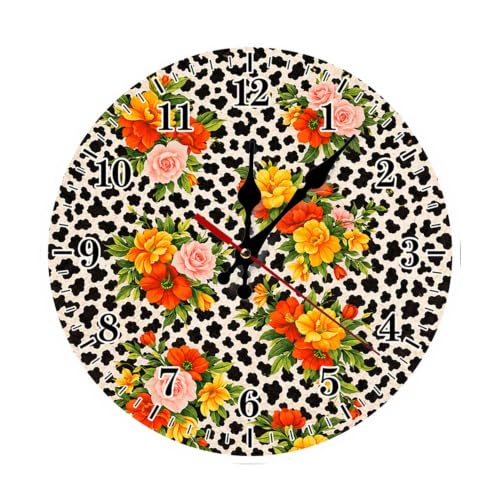 Floral Pattern on Cow Print Background Design Round Wooden Wall Clock, Silent Non-Ticking Battery Operated Decorative Wall Clock for Living Room, Bedroom, Kitchen, Office, Farmhouse Home Decor - color: Color546, size: 9.8x9.8in