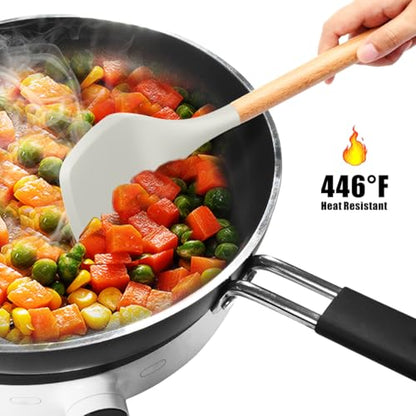 oannao Silicone Cooking Utensils Set - 446°F Heat Resistant Silicone Kitchen Utensils for Cooking,Kitchen Utensil Spatula Set w Wooden Handles for Non-Stick Cookware, BPA FREE (Cream White) - color: Cream White