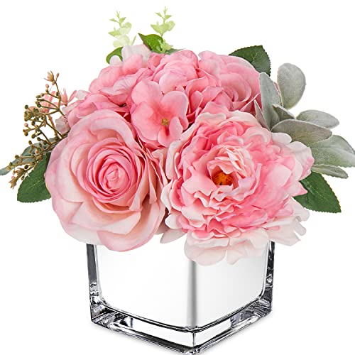 GnFlus Artificial Flowers in Vase Fake Silk Hydrangea Rose Flower Arrangement Faux Potted Flowers for Indoor Home Bathroom Office Table Shelf Decor, Pink - color: Pink
