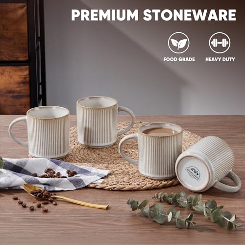 E-far Coffee Mugs Set of 4, 12 oz Stoneware Coffee Cups with Handle for Latte, Tea, Cocoa, Milk, Modern Ribbed Ceramic Mugs for Man Woman, Microwave & Dishwasher Safe, Creamy Beige - color: Creamy Beige