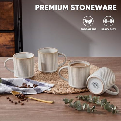 E-far Coffee Mugs Set of 4, 12 oz Stoneware Coffee Cups with Handle for Latte, Tea, Cocoa, Milk, Modern Ribbed Ceramic Mugs for Man Woman, Microwave & Dishwasher Safe, Creamy Beige - color: Creamy Beige