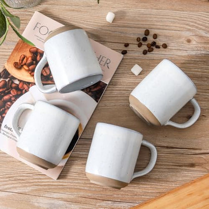Ceramic Coffee Mugs Set of 4, 14oz Coffee Cups with Large Handle, Stoneware Two-Tone Tea Mugs for Latte, Cappuccino, Bluish White Speckled, Terracotta Base,Housewarming Gift,Dishwasher&Microwave Safe - color: White, size: 14 OZ