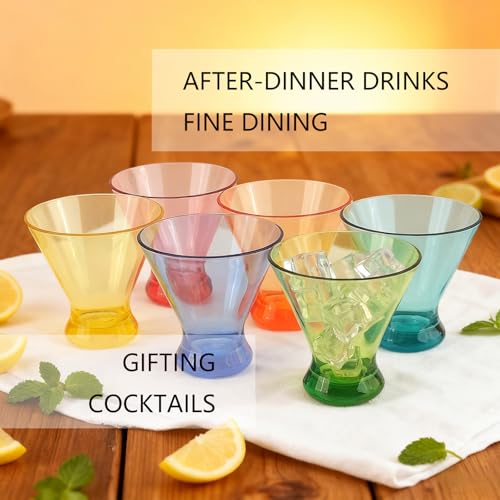 Set of 6 Martini glass 9 oz Stemless Glasses,Heavy Base Stable Cocktail/Drink/Juice/Red Wine Glasses,Fits Ice Cream/Milkshakes,Dishwasher Safe,Ideal Gift for Home Party (Multi color) - color: Multicolor