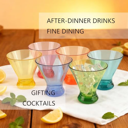 Set of 6 Martini glass 9 oz Stemless Glasses,Heavy Base Stable Cocktail/Drink/Juice/Red Wine Glasses,Fits Ice Cream/Milkshakes,Dishwasher Safe,Ideal Gift for Home Party (Multi color) - color: Multicolor