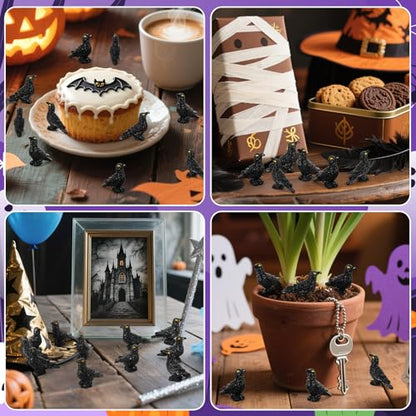 JUNEBRUSHS 50 Pcs Black Mini Resin Crow Halloween Table Decorations | Tiny Crows Figurines, Halloween Bird Ornaments, Tiered Tray Vase Filler Crafts, Party Favors - style: Halloween Style