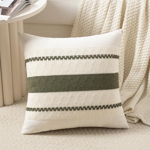 Fancy Homi Set of 1 Boho Olive Green Decorative Throw Pillow Cover 16x16 Inch for Couch Bed Sofa, Aesthetic Modern Organic Farmhouse Home Decor, Soft Cotton Cute Accent Macrame Woven Cushion Case - color: Olive Green, size: 16" x 16" (Pack of 1)