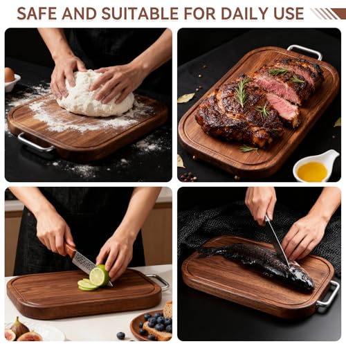 Wood Cutting Board for Kitchen, 14.5"×9.5"×1", Natural Ebony Wood | Double-Sided with Juice Groove, Non-Slip Feet, For Meat, Vegetables, Fruit, One-Piece Solid Construction