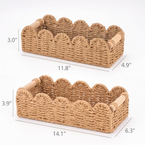 2 Pcs Toilet Paper Storage Basket with Wood Handles, Bathroom, 2Pcs | Scalloped Edge Paper Rattan Bathroom Basket, Over-The-Toilet Storage Organizer for Shelf, Countertop, Modern Farmhouse Decor